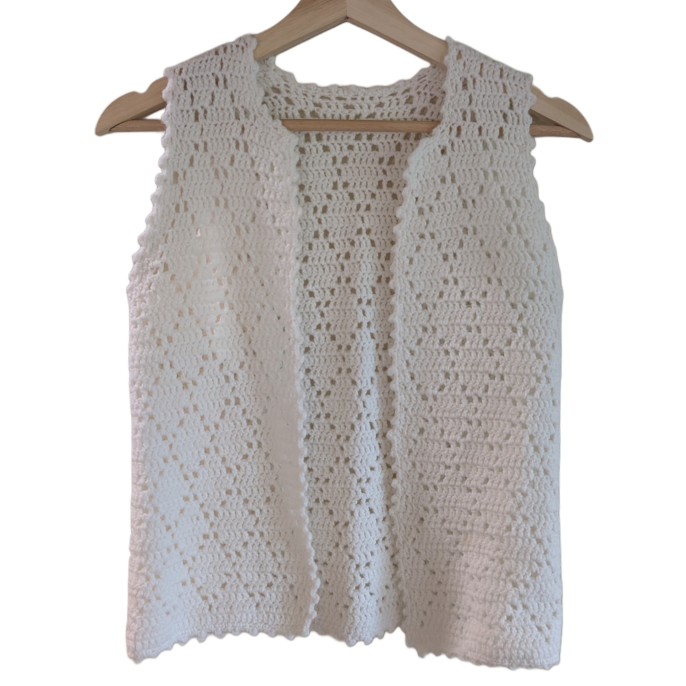 Vintage Handmade Crochet Vest White Sleeveless Boho Cottagecore Layering Top S
